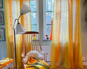 Vintage Curtains in sheer geometric fabric, long orange yellow curtain panels from Sweden. Set of two.