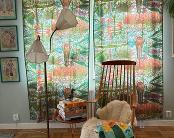 Scandinavian curtains in orange green pink exotic fabric from the 1960s.