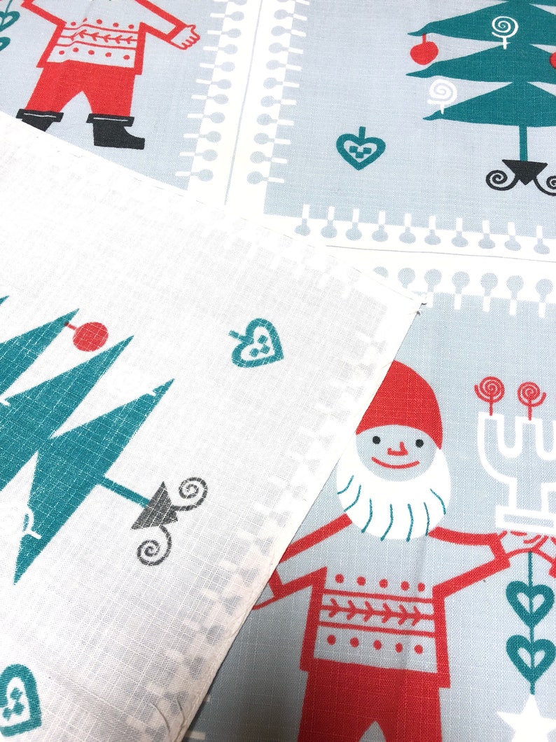 Wall textile artwork by Jerry Roupe Sweden Christmas walhanging tablecloth with Santa and ornaments.