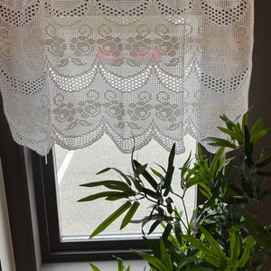 Hand made Lace, Cafe Curtain, White Valance, rustic Farmhouse decor.