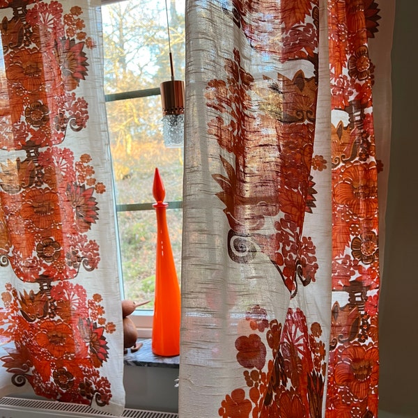 2 Scandinavian vintage curtains in orange fabric Pompeja design Märta Lena Bjerhagen modern living room curtains.