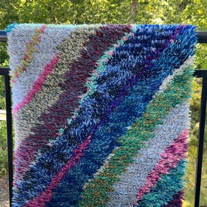 Scandinavian rug, multicolor rya rug, high pile rug, wool rya rug, handmade in Sweden