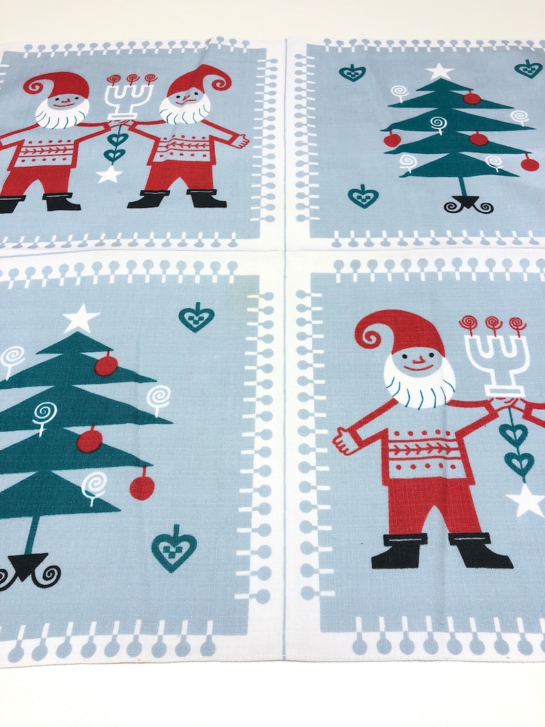 Wall textile artwork by Jerry Roupe Sweden Christmas walhanging tablecloth with Santa and ornaments.
