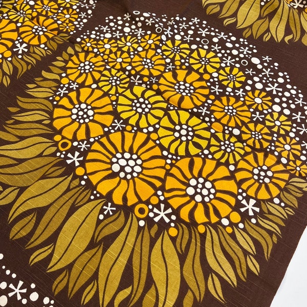 Vintage 70s fabric yellow brown floral patterns, Scandinavian decor, Mid century modern.