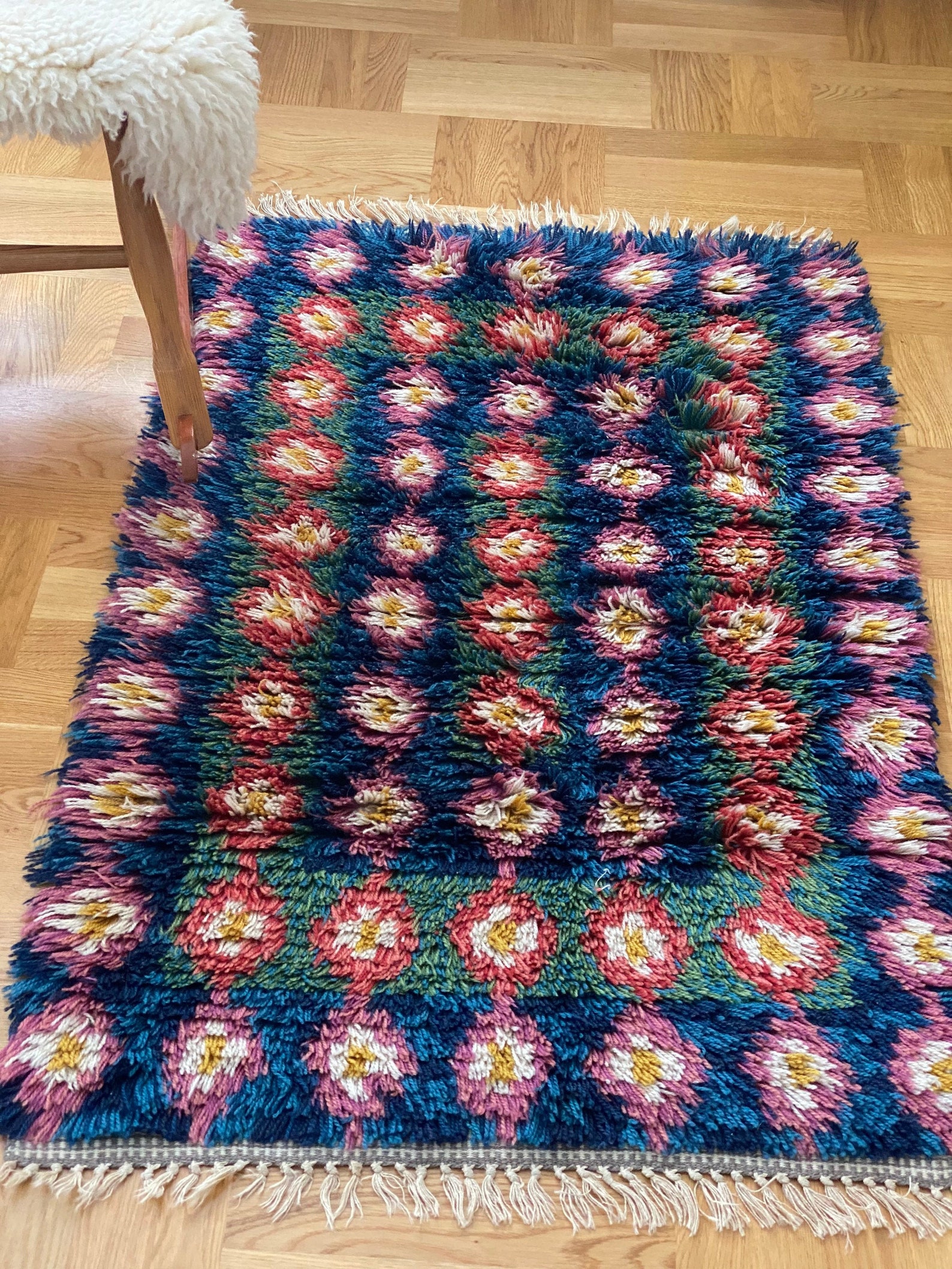 Scandinavian Rug Multicolored Wool Rya Rug Retro Flowers Etsy
