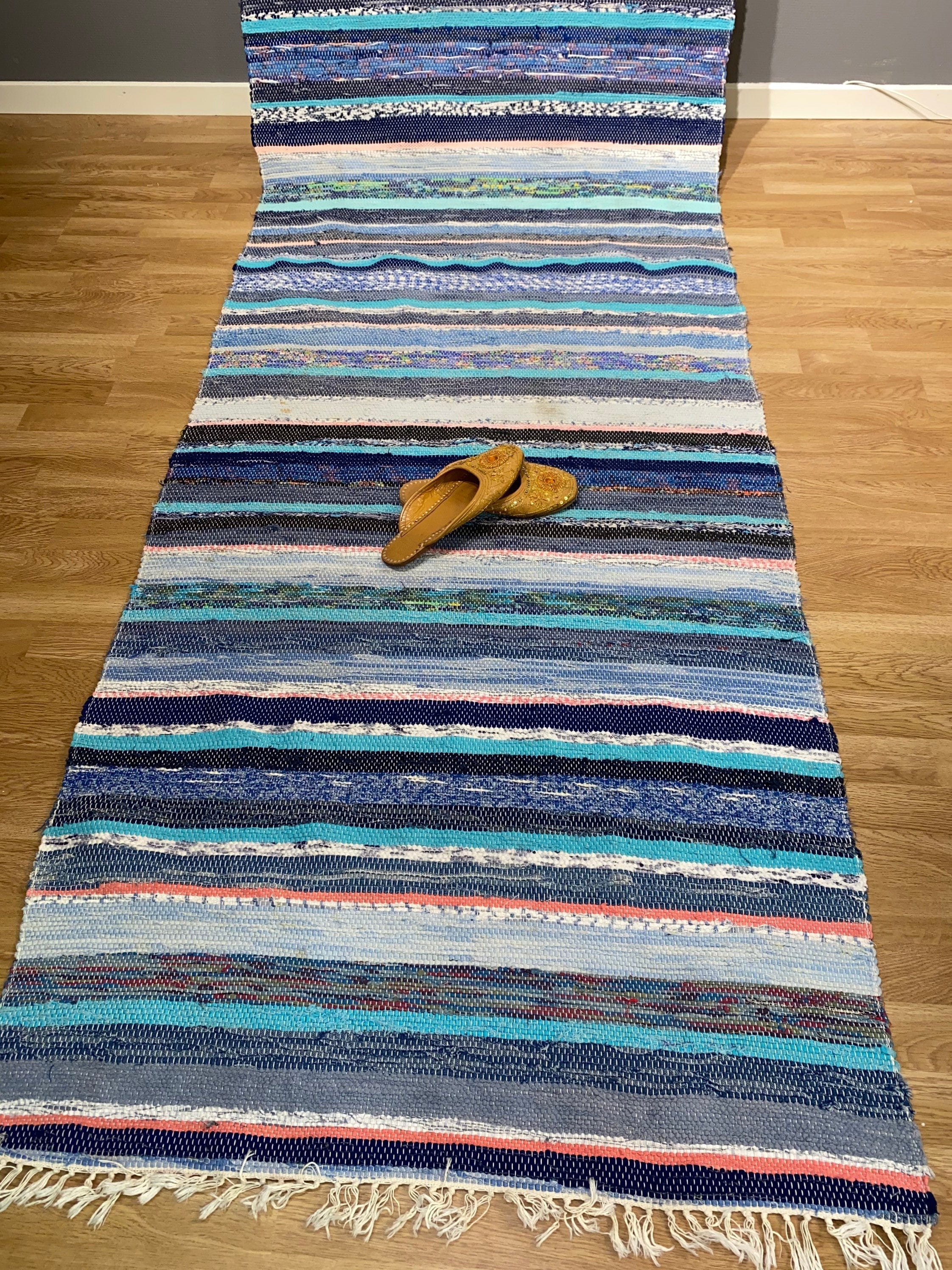 green Handwoven rag rug blue black and white stripes