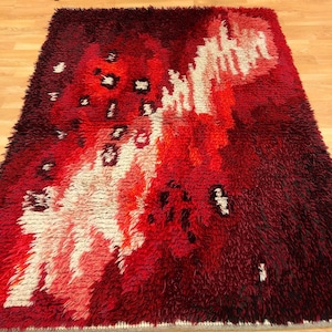 Vintage Swedish Rya Rug: 1960s Scandinavian Wool, Red Abstract Design (60x45 in)