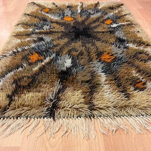 Swedish Rya Rug: Northern Lights Design, Mid-Century Modern, 55x32 in