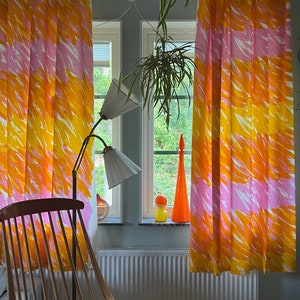 Vintage Curtains in orange pink geometric fabric by Tampella design Anneli Airikka Lammi. Set of 2.