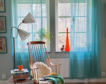 2 Scandinavian Vintage striped turquoise curtains in woven textured fabric, Mid century, 70s.