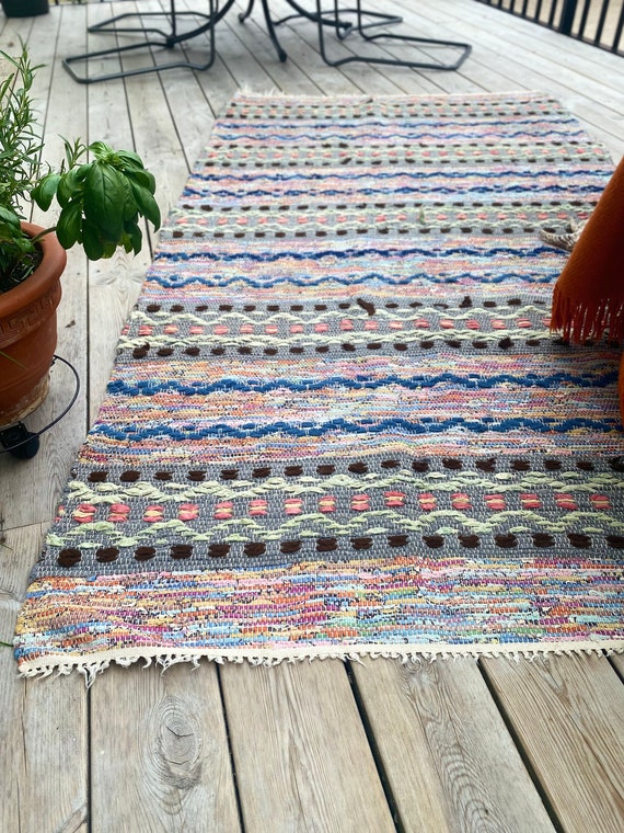 Home & Living Floor & Rugs Vintage Swedish White Small Rag RugRunner Rustic decor