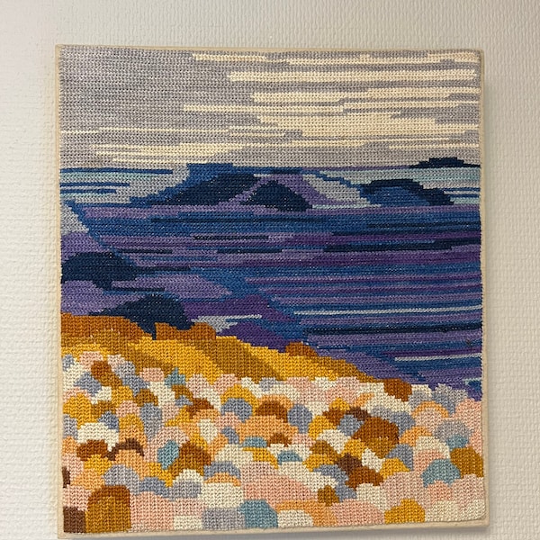 Swedish weaving wall hanging tapestry coastal village, blue pink flat weave wall decor with sea and sky.