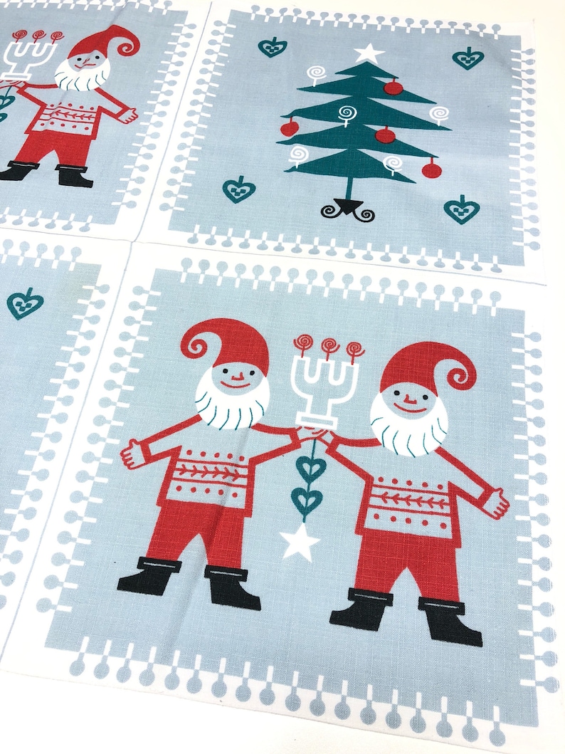 Wall textile artwork by Jerry Roupe Sweden Christmas walhanging tablecloth with Santa and ornaments.