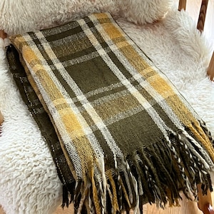 Scandinavian geometric wool plaid, earthy geometric afghan, Mid century.