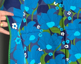 Vintage 70s tablecloth blue, green bold floral fabric, Scandinavian wall art, pillows. Mid century.