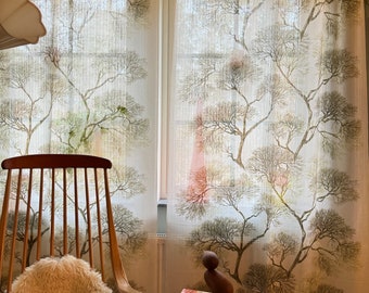 Vintage curtains panels Swedish botanical fabric, linen leaf fabric, green home decor.