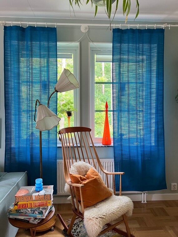 Vintage Curtains in Turquoise Blue Geometric Fabric Retro 70s