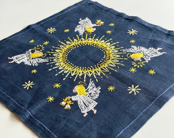 Nordic beautiful blue yellow white embroidered table doily, crewel Angels.
