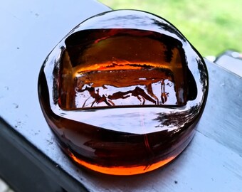 Excellent Scandinavian art glass Erik Höglund ashtray amber ox