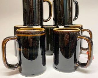 Rorstrand Sweden mugs Viking, Carl Harry Stålhane, Rörstrand ceramic beer mug, Black and brown steins, set of two.