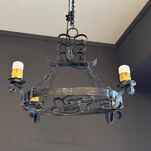 Vintage Norwegian Medieval Wrought Iron Chandelier, Hand Forged 1920-30.