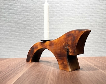 Unique Swedish art, sculptured wood candle holder, Hemslöjd Sweden.