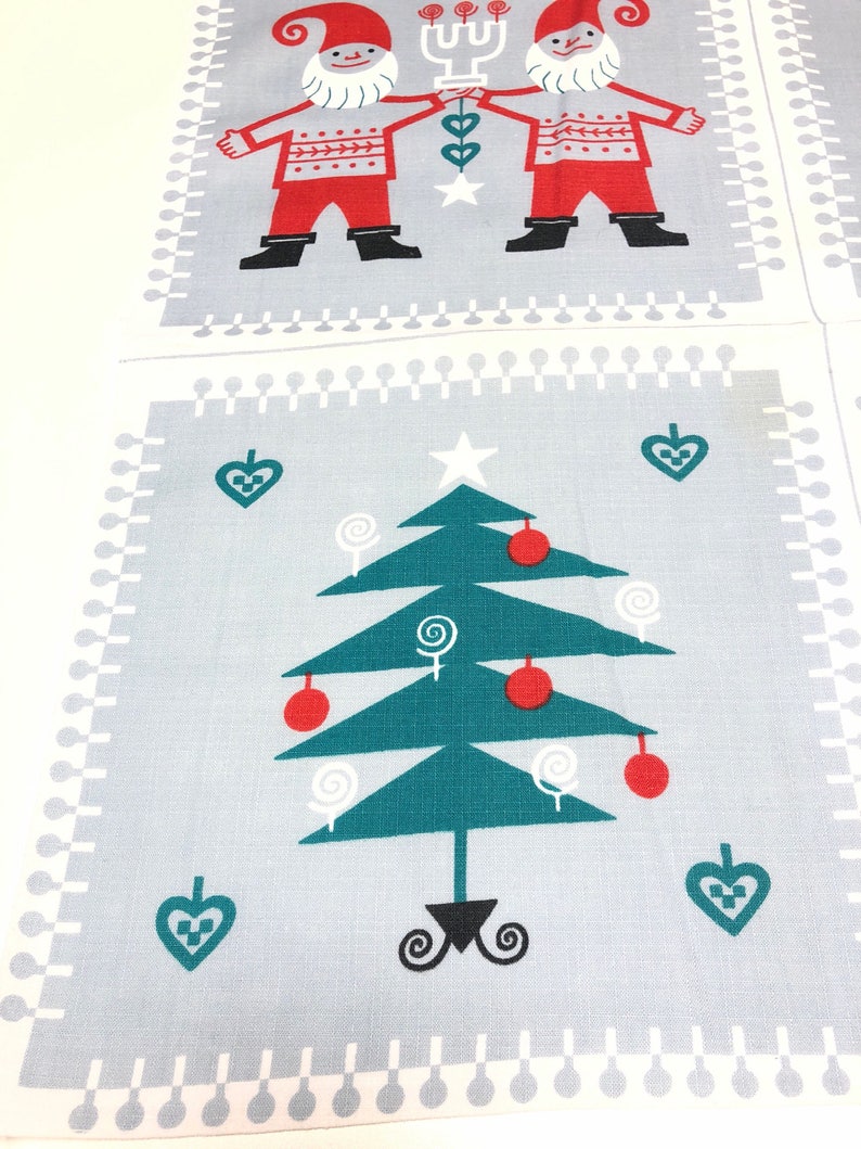 Wall textile artwork by Jerry Roupe Sweden Christmas walhanging tablecloth with Santa and ornaments.