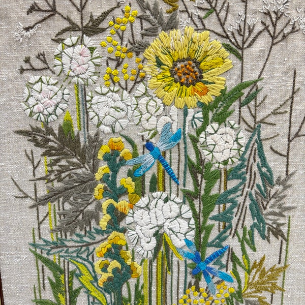 Reserved! Large Swedish linen embroidered wall decor dragonfly and flowers, framed wall art Nordiskas NIAB.