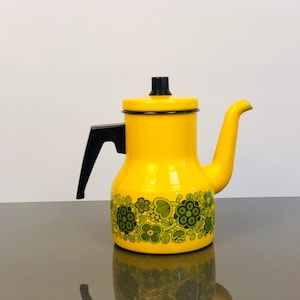 60s Vintage Enamel Coffee Pot Arabia Yellow Primavera, retro kitchen decor.