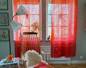 Sheer Curtains Scandinavian red, fuchsia, orange geometric fabric 70s linen look curtains, modern home decor. Set of two.