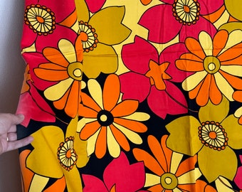 Vintage 70s fabric black, orange, red bold floral fabric, Scandinavian wall art, pillows. Mid century.