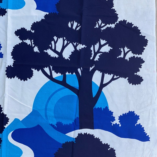 Scandinavian retro fabric with trees and mountains, pop art blue wall decor.