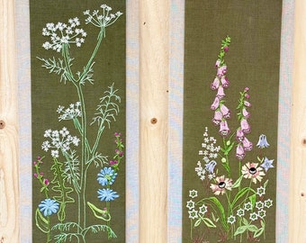 Nordic beautiful embroidered wall decor, pink blue flowers. Linen crewel tapestry NIAB Sweden.