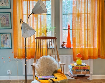 Vintage curtains in orange geometric pattern. 2 Retro kitchen curtains. Scandinavian modern home decor.