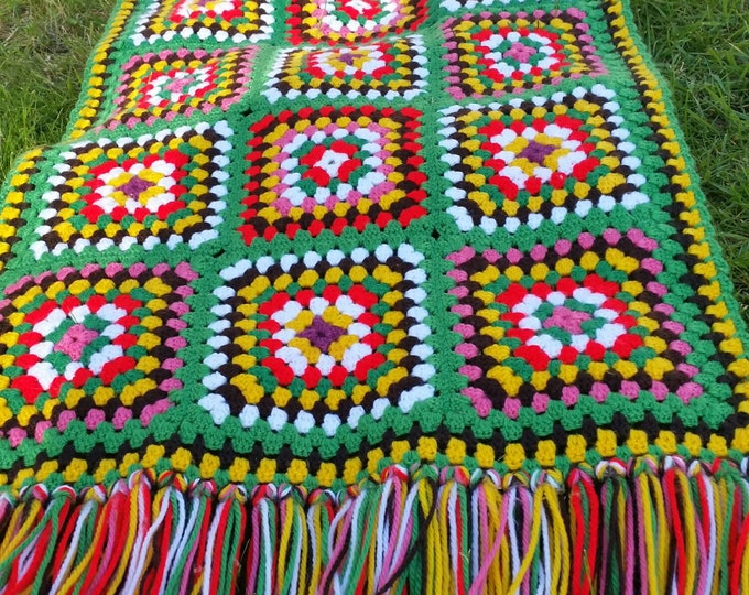 Vintage Crochet Blanket in Wool. Handmade. Granny Squares so Etsy