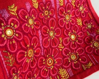 Nordic beautiful red pink gold embroidered table runner, crewel retro flowers.