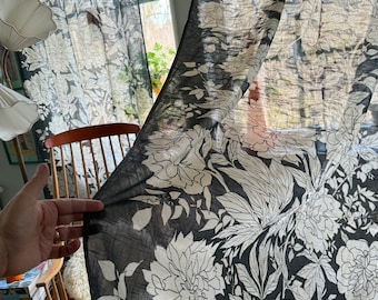 Scandinavian sheer curtains in Swedish floral fabric Gray Peony, Living room drapes from the 1970s.