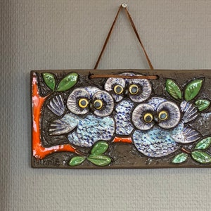 Ceramic wall decor, Wall Art Owls, Brown orange decor, design by Ninnie Forsgren in Sweden 70s.