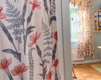 2 Vintage floral curtains of Swedish coral red fabric 1960s, Mid century curtain panels.