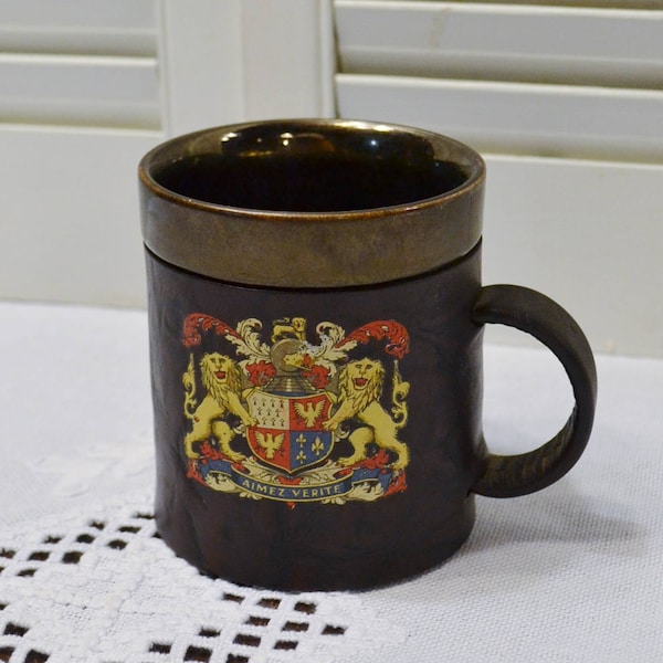 Vintage Coffee Mug Leather Bound Ceramic Insert Family Crest Aimez Verite Brown CLEARANCE SALE PanchosPorch