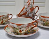 Vintage Cups and Saucers Geisha with Flowers Satsuma Imari Kutani Asian Home Decor Japan Bridal Baby Shower PanchosPorch