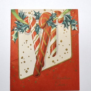 Carte de Noël vintage avec cannes de bonbon, houx, carte de voeux sans enveloppe, papier éphémère, décoration de vacances, carte artistique, Co PanchosPorch