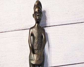 Vintage Ebony Man Playing Drum Statue Figurine Dark Wood African Wood Carving Ethnic Decor PanchosPorch