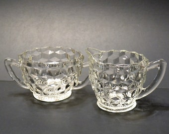 Vintage Whitehall Sugar Bowl Creamer Set Clear Glass Block Cube Pattern Indiana Glass Panchosporch