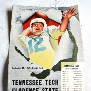 May include: Vintage Tennessee Tech and Florence State football program from 1957. The cover features a player in a helmet and jersey with the number 12. The program includes the schedule for the 1957 season.
