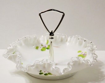 Vintage Fenton Silver Crest Candy Dish Hand painted Violets Flowers Signed White Ruffle Rim Handled Bowl Glassware PanchosPorch