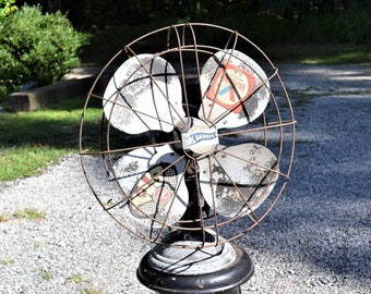 Vintage R & M Banner Electric Fan 1947 Robbins Meyers 2 Speed Cooling Table Top Fan Rustic Decor Chippy Paint Photo Prop PanchosPorch