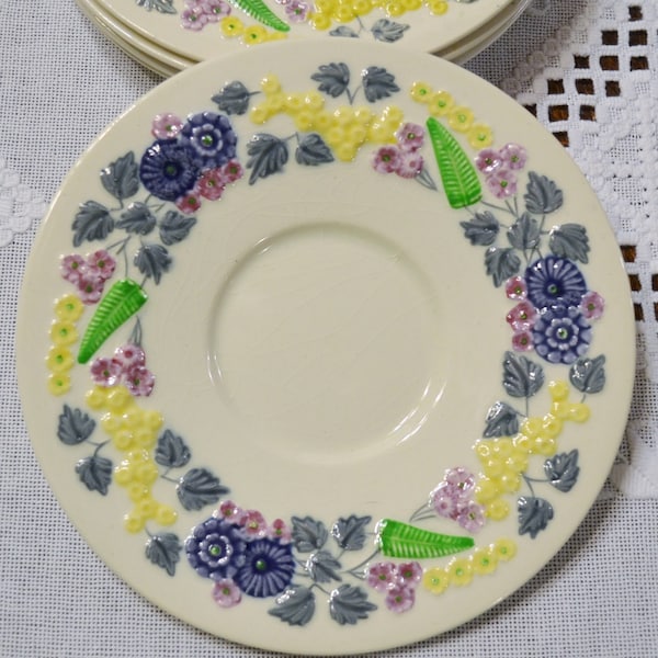 Vintage George Jones and Sons Cream Soup Bowl Saucer Only Devon Pattern Purple Green Yellow Embossed Flowers England PanchosPorch