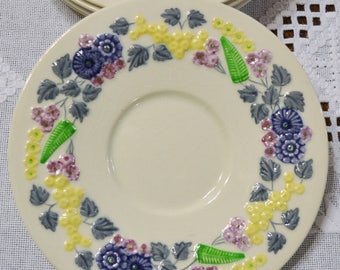 Vintage George Jones and Sons Cream Soup Bowl Saucer Only Devon Pattern Purple Green Yellow Embossed Flowers England PanchosPorch