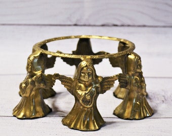 Vintage Brass Angel Base Stand Round Candle Holder Base Bowl Support Angel Playing Guitar Musical PanchosPorch